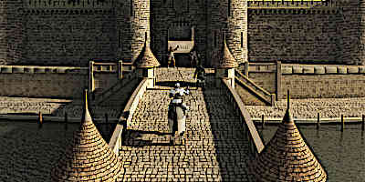 A Medieval Knights Rides towards the Gates of a Medieval Castle