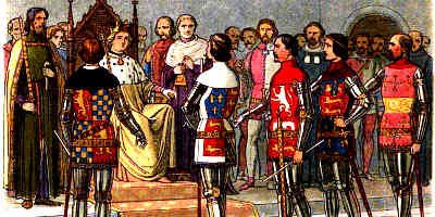 Medieval Knights in their best clothing before the medieval king