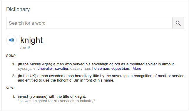Definition of a Knight according to Google Search