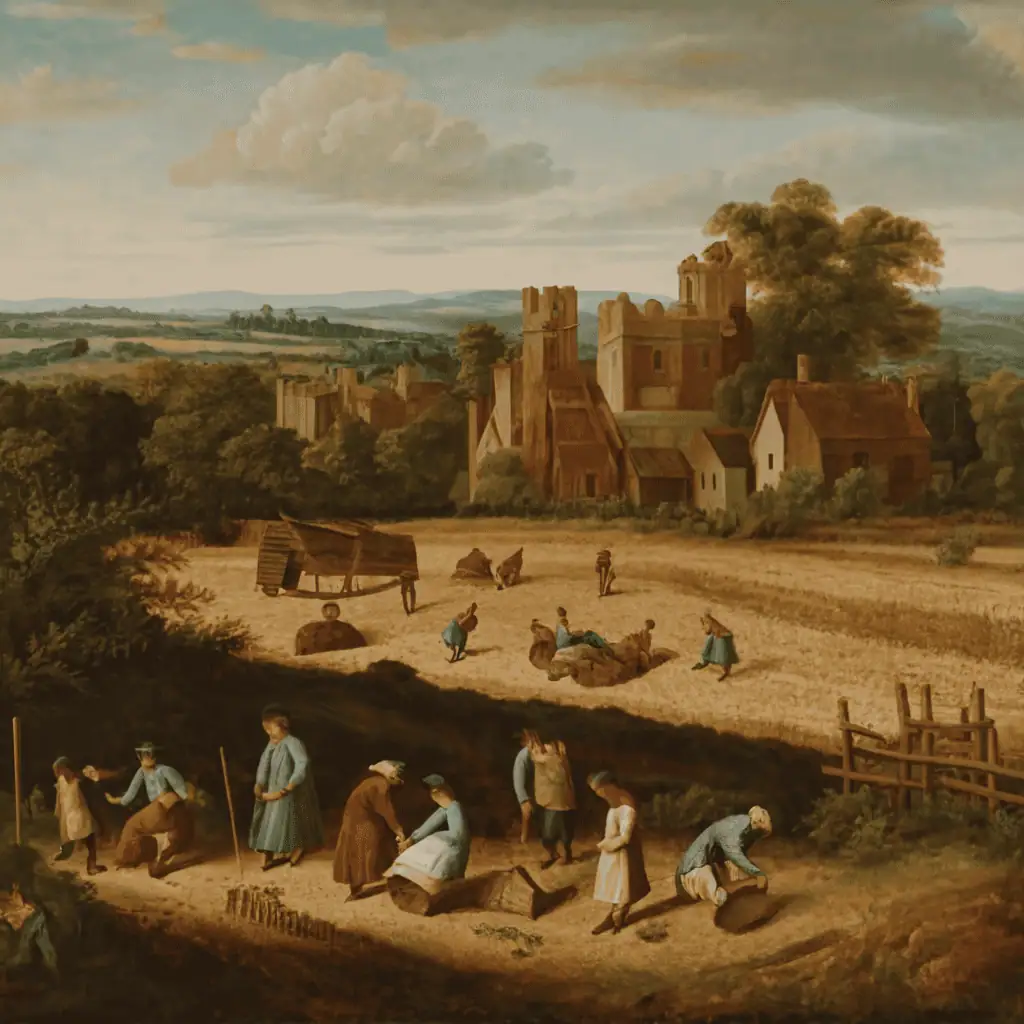 PEASANTS WORKING IN FIELD ON A MEDIEVAL MANOR ES