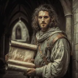 a medieval messenger holding a scroll photo